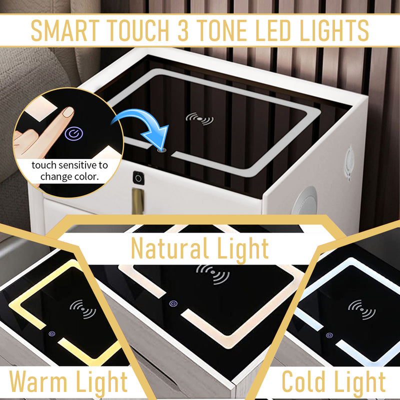 Smart Bedside Table With Smart Fingerprint Lock 5.0 Bluetooth Speakers 2 Drawers, Built-in Three-Tone Lights Wireless Charging