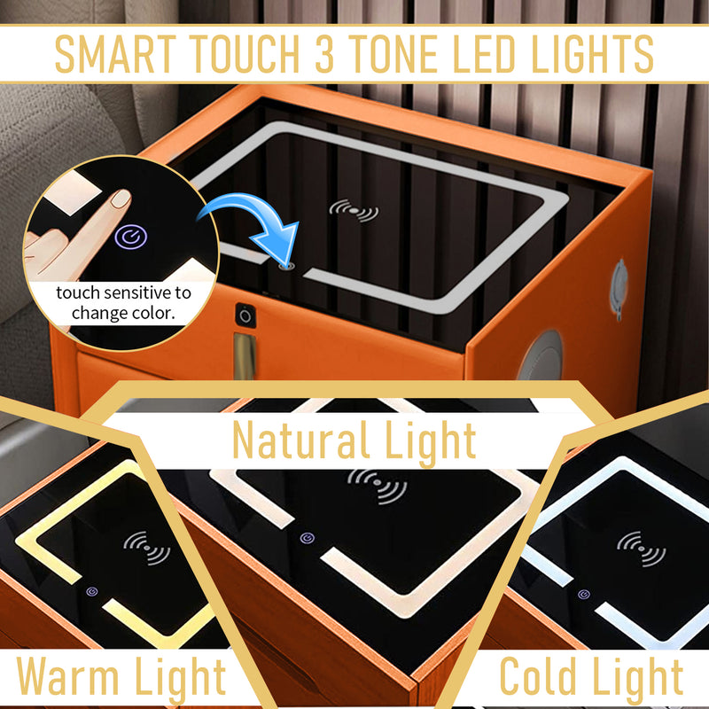 Smart Bedside Table With Smart Fingerprint Lock 5.0 Bluetooth Speakers 2 Drawers Built-in Three-Tone Lights Wireless Charging