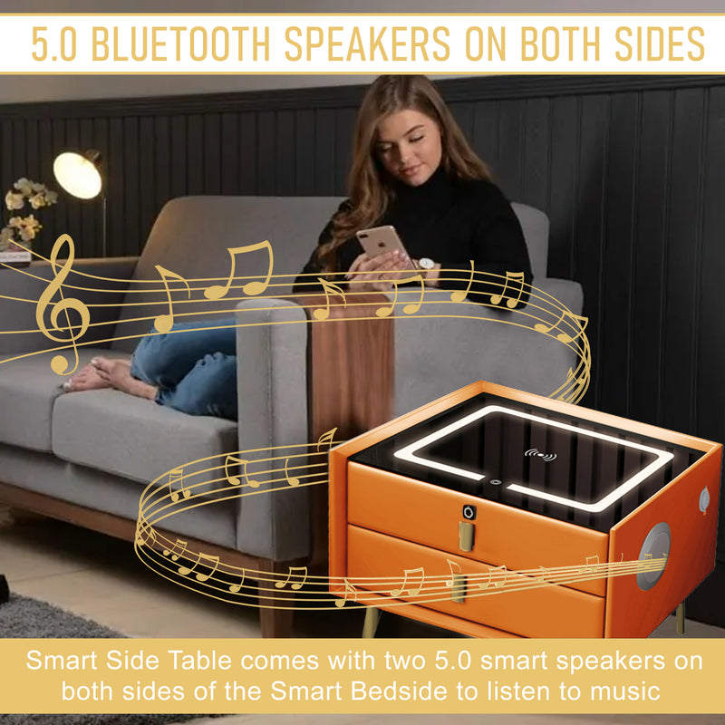 Smart Bedside Table With Smart Fingerprint Lock 5.0 Bluetooth Speakers 2 Drawers Built-in Three-Tone Lights Wireless Charging